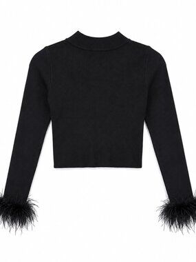ASTR The Label Keily Feather Trim Sweater Top Black (Size M)